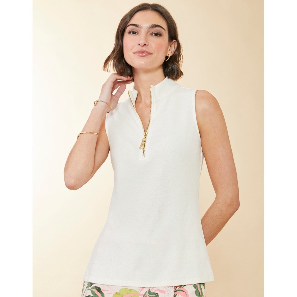 Spartina 449 Women White Sleeveless Quarter Zip Mock Neck Golf Polo Top Small